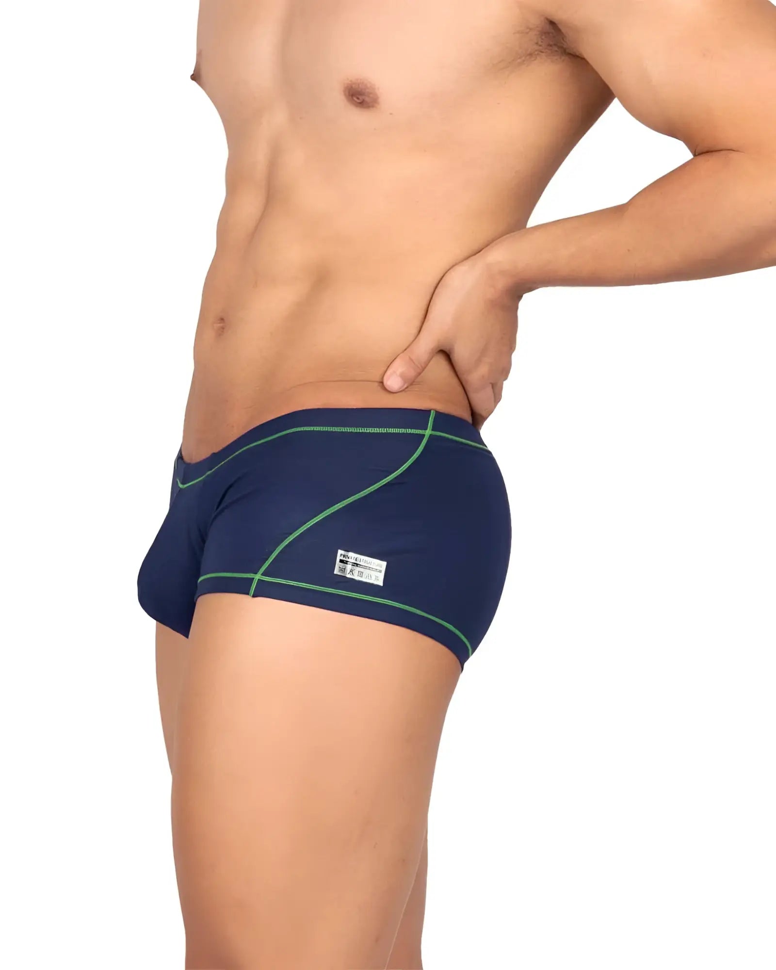 Navy blue Private Structure EPUS4570 Prime Elysian hipster swim trunks with green stitching and a small white brand tag