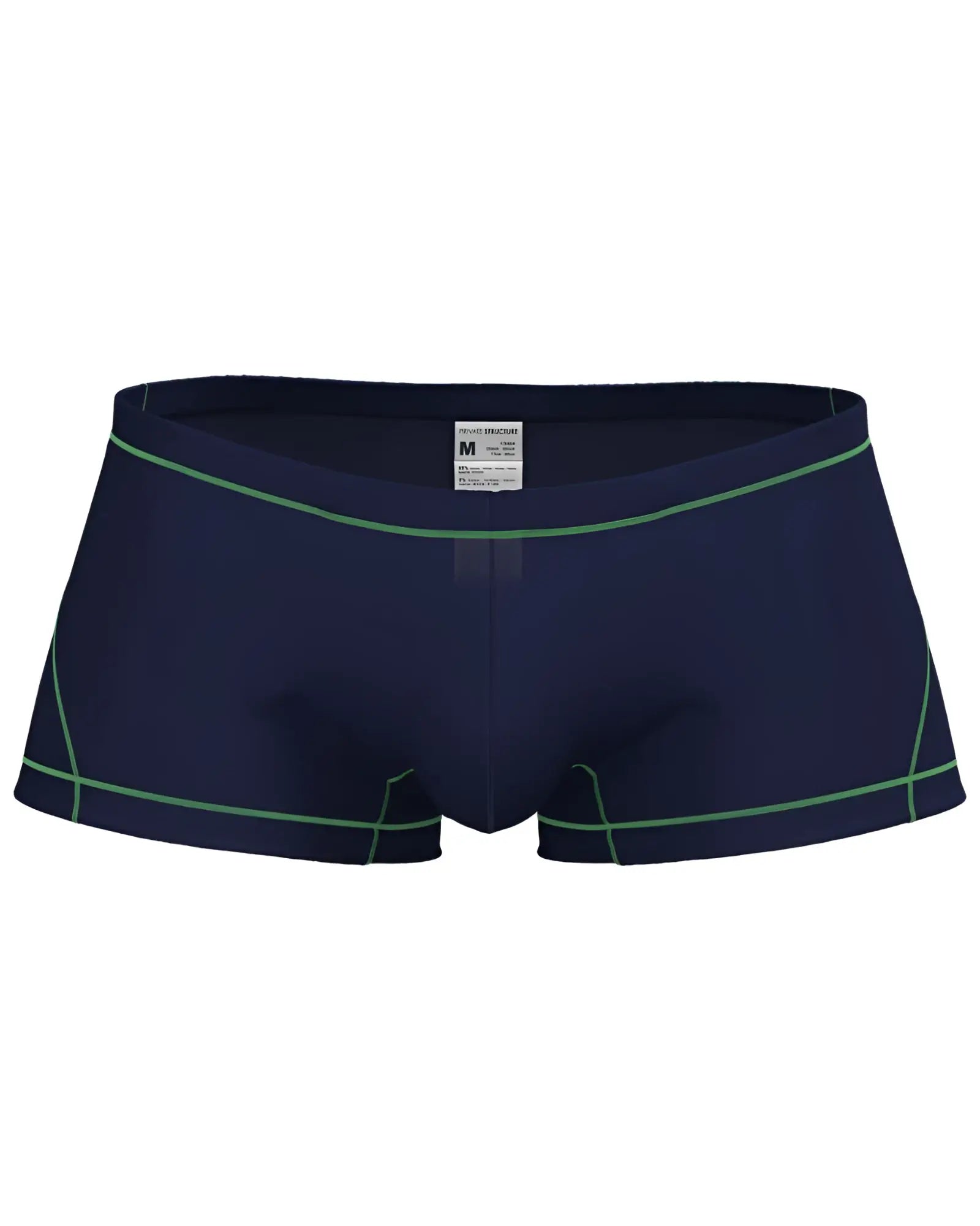 Navy blue private structure epus4570 prime elysian hipster swim trunks with green stitching details for casual wear