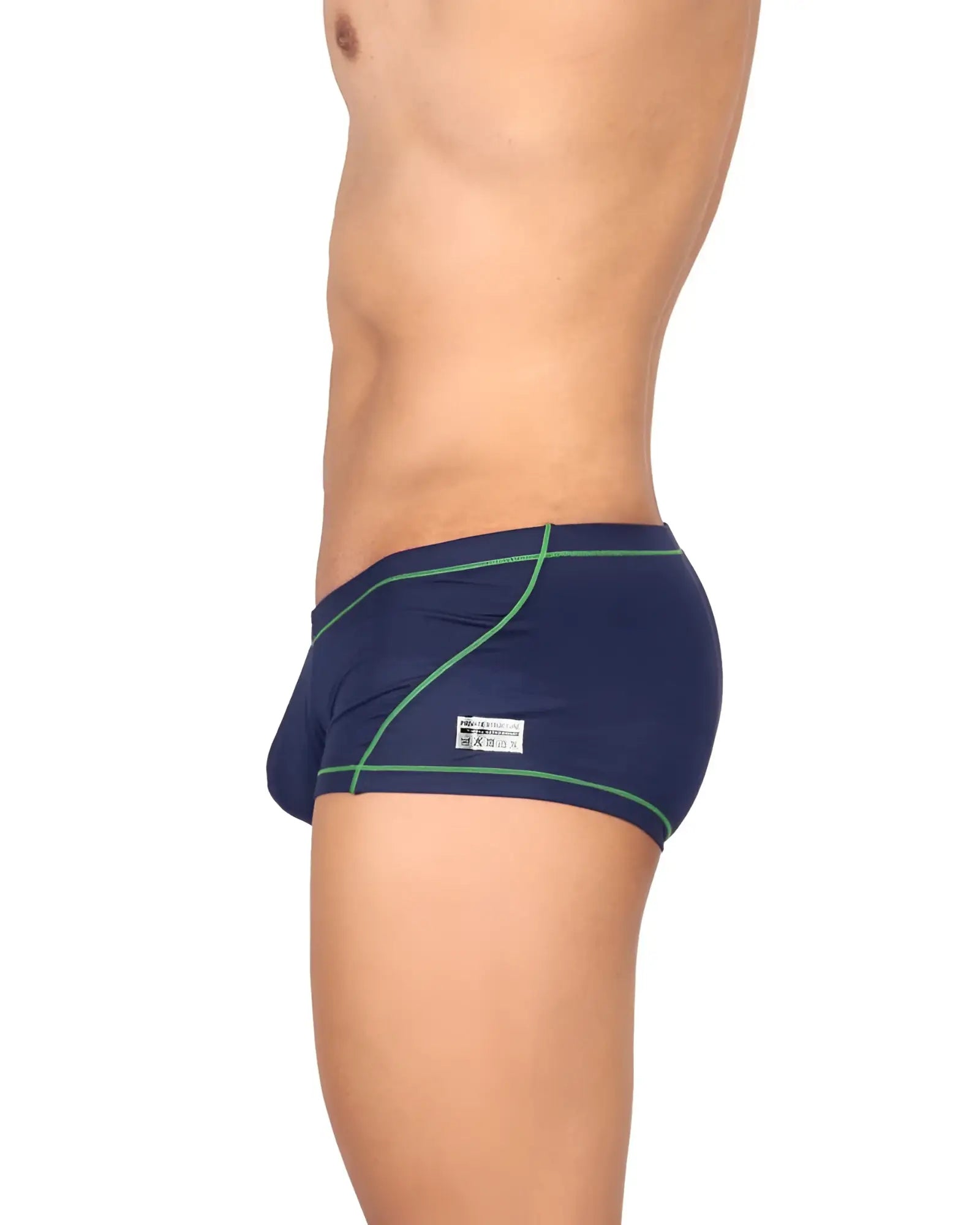 Private Structure navy blue swim trunks with green stitching and white brand label on waistband in hipster style