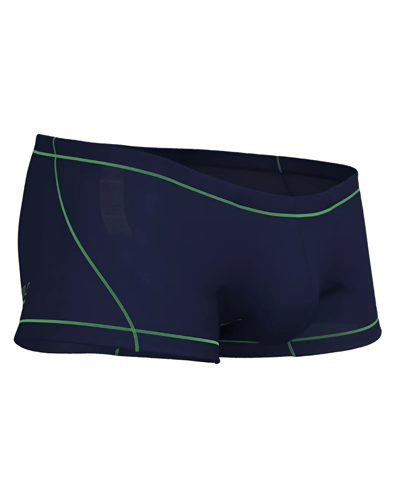 Private Structure EPUS4570 Prime Elysian hipster navy blue swim trunks with neon green stitching and subtle side logo