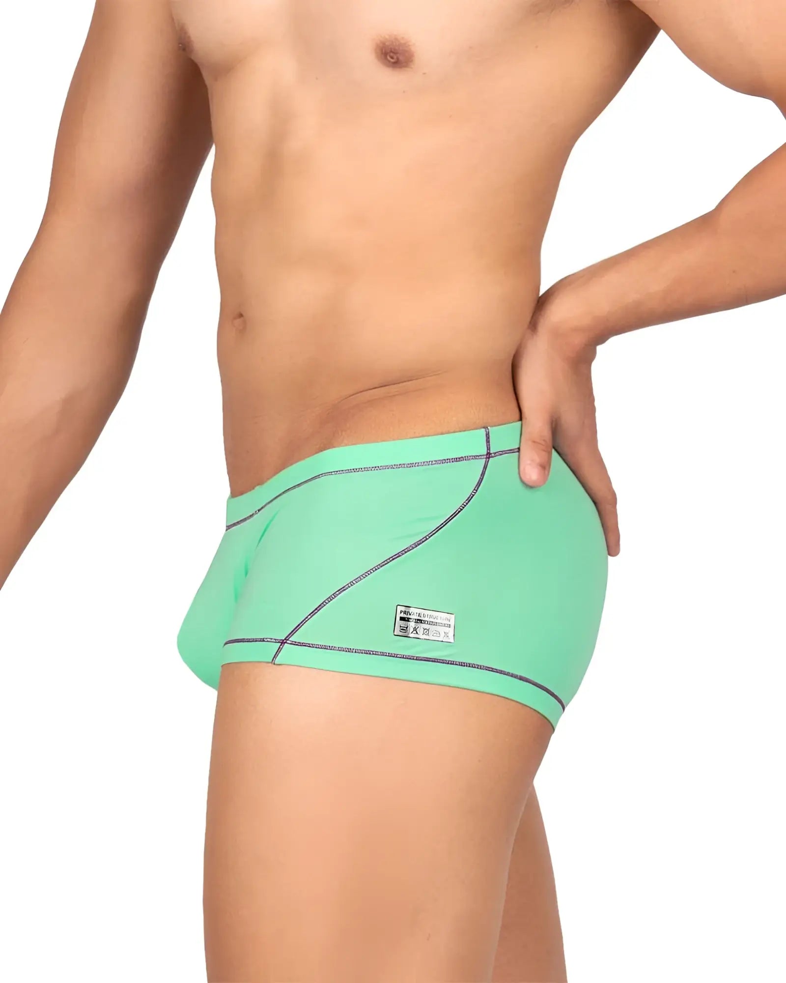 Private Structure Epus4570 Prime Elysian hipster swim trunks in mint green with black trim and side brand tag