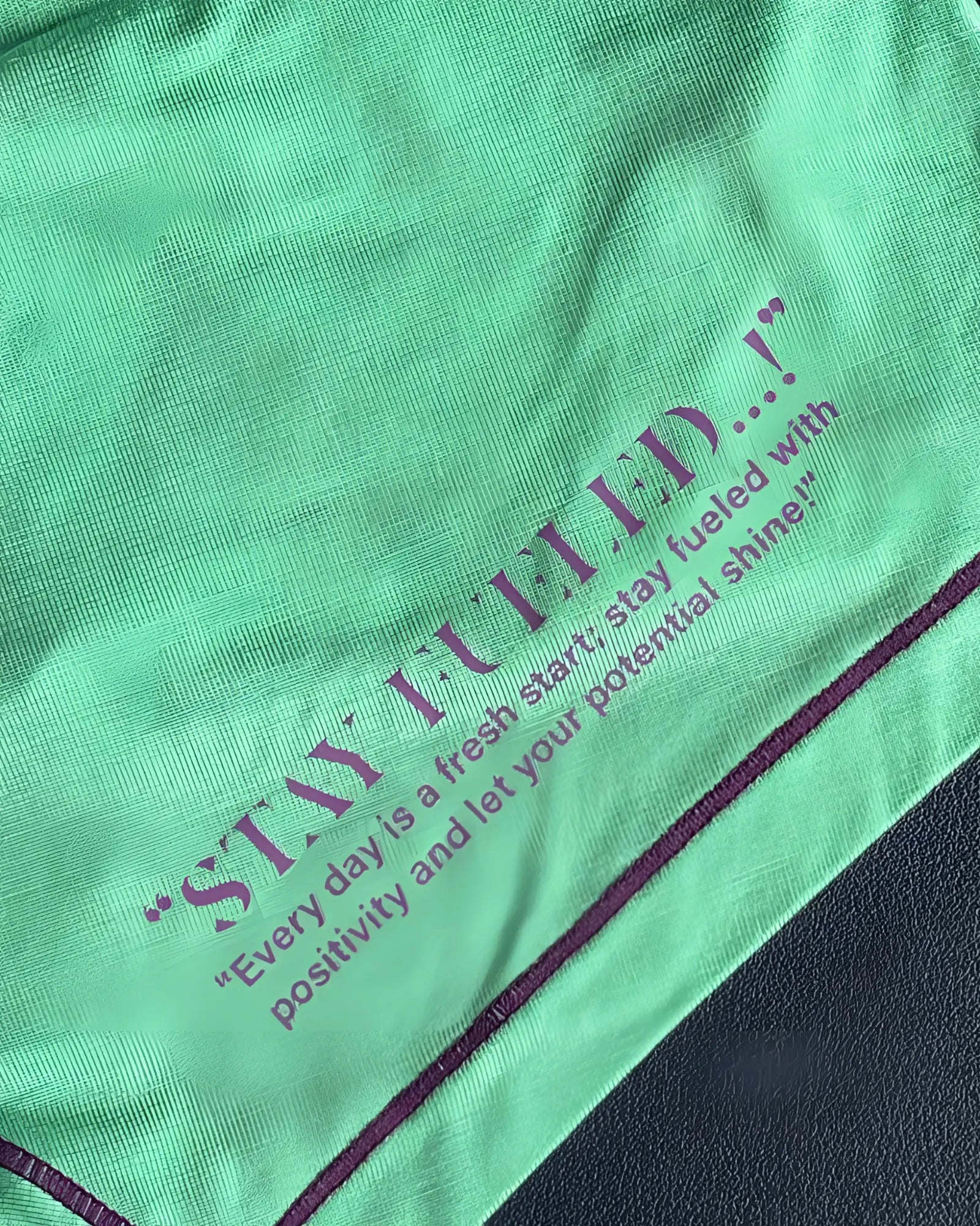 Private structure cyan cotton t-shirt with vibrant green fabric purple stay fueled slogan and matching purple stitching