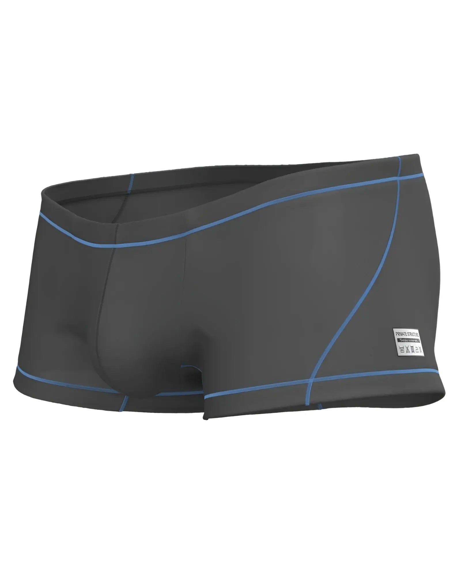 Private structure epus4570 prime elysian hipster swim trunks in dark gray with light blue stitching and white side label
