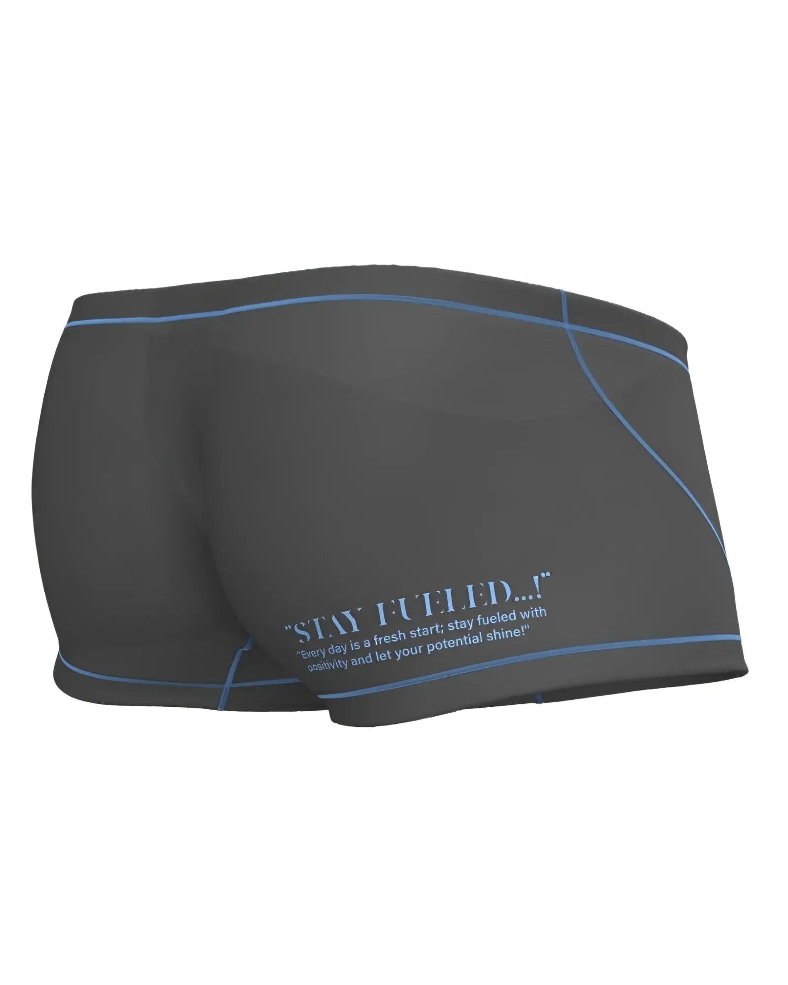 Dark gray private structure epus4570 prime elysian hipster swim trunks with light blue stitching and motivational quote on side