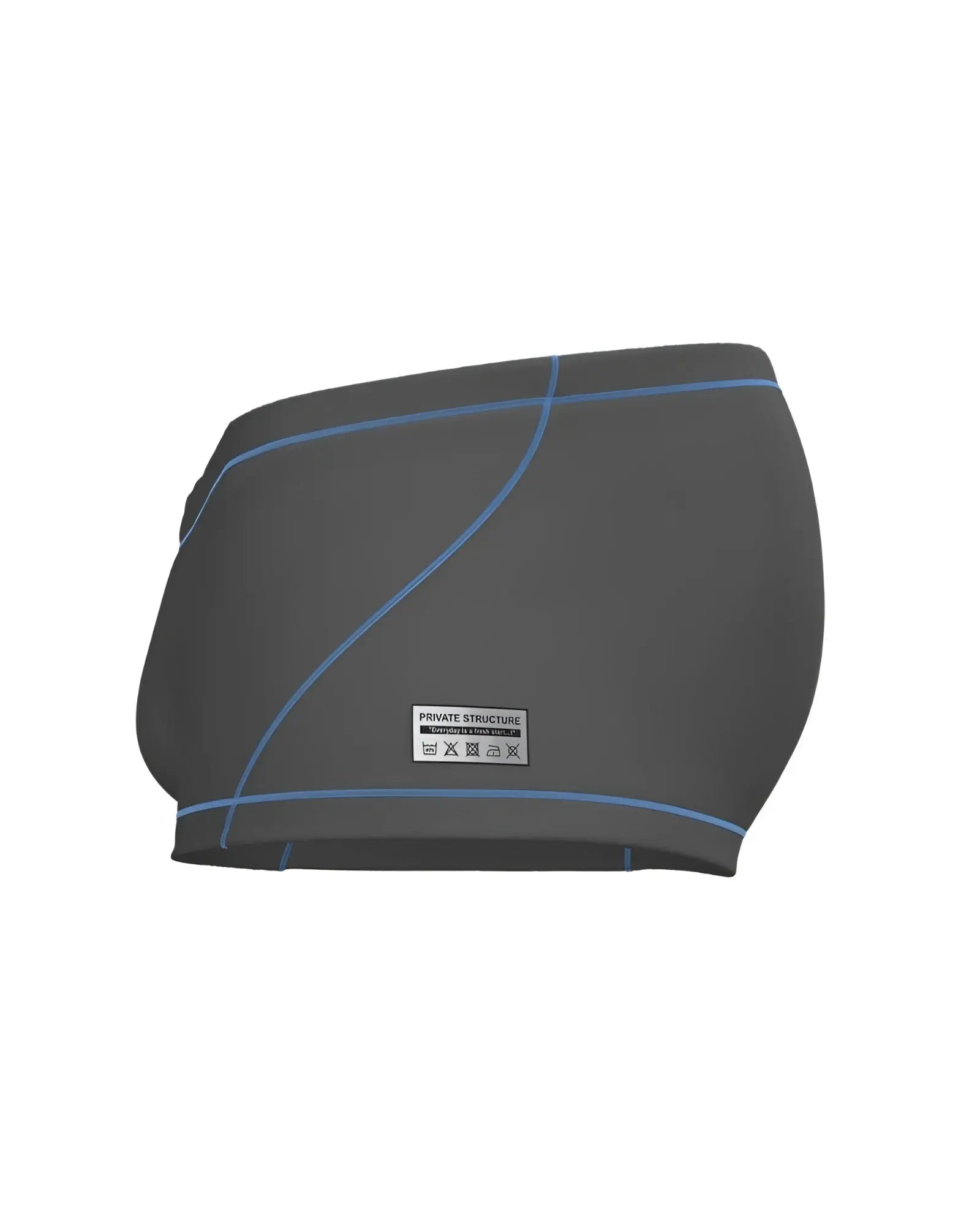Dark gray Private Structure swim trunks with light blue stitching and brand label in hipster style for swimwear