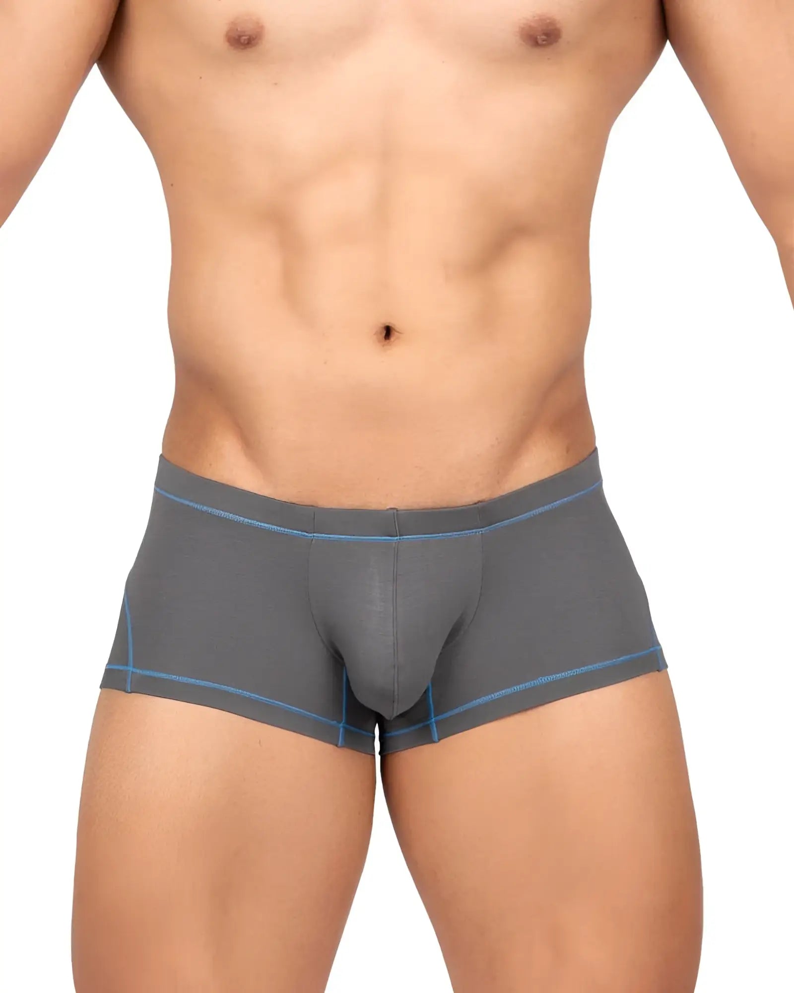 Gray men’s hipster briefs by Private Structure with blue stitching details in soft breathable fabric