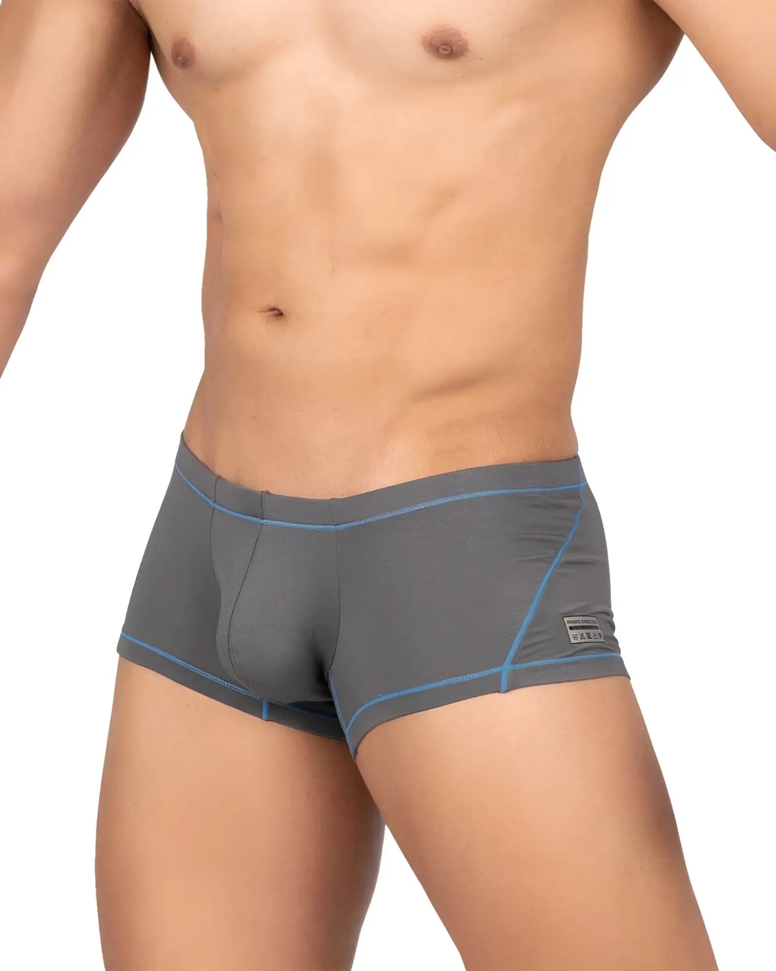 Gray men’s briefs with light blue stitching and a small brand tag on the side from private structure prime elysian hipster
