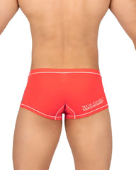 Back view of private structure epus4570 prime elysian red swim trunks with white trim and stay fueled slogan