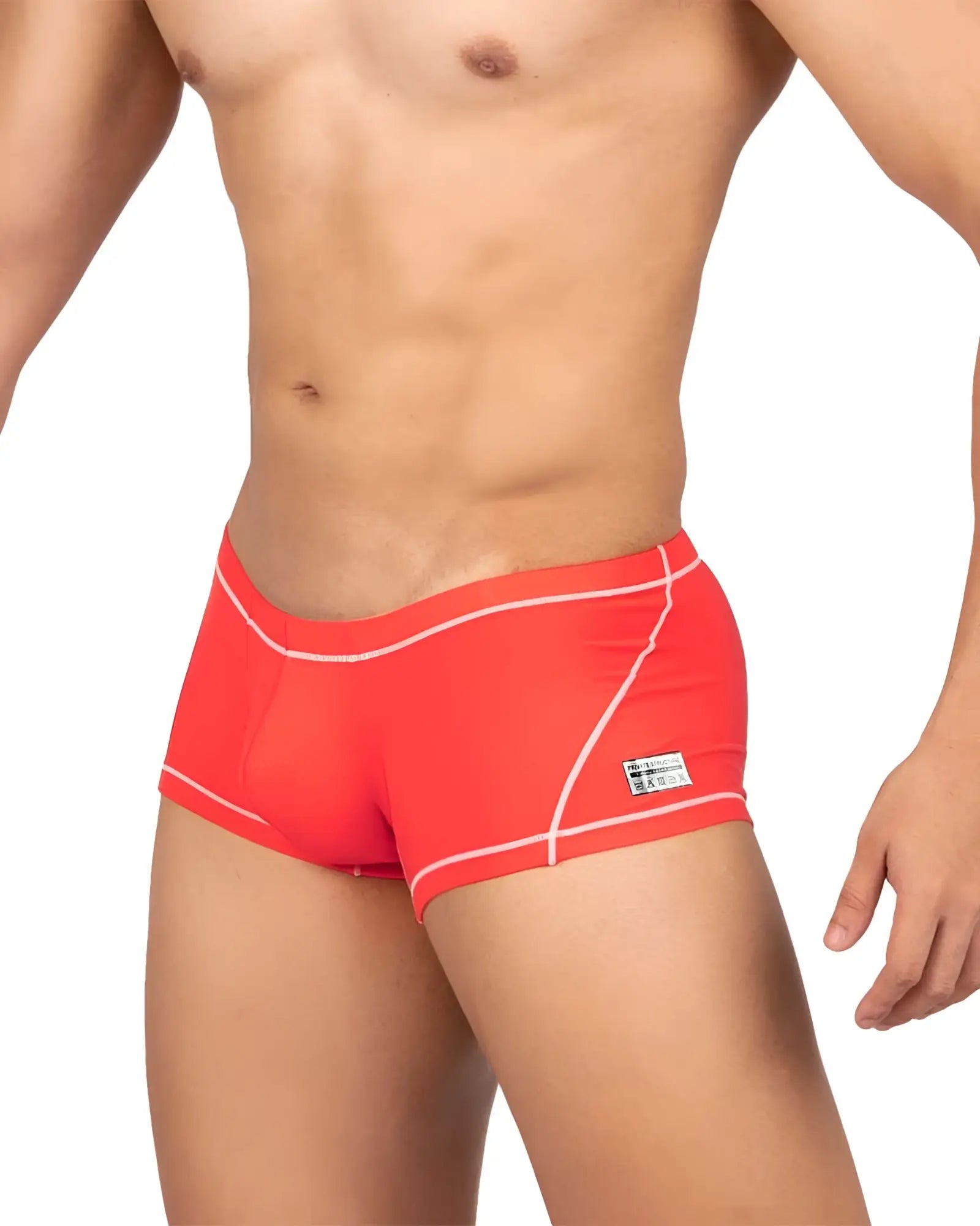 Private Structure EPUS4570 prime Elysian hipster bright red swim trunks with white stitching and side brand tag