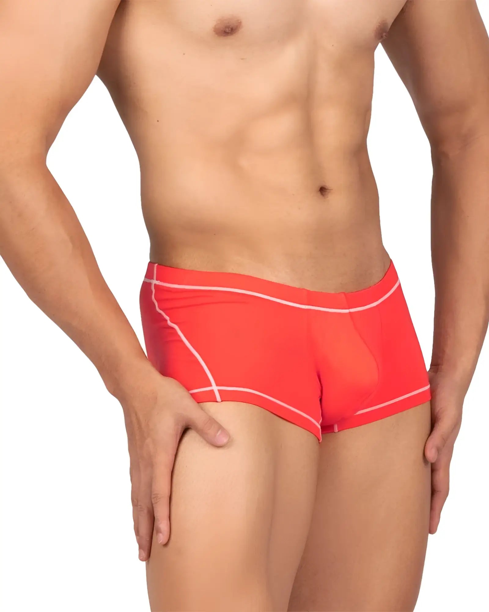 Bright red Private Structure EPUS4570 Prime Elysian hipster swim trunks with white trim and sleek modern design