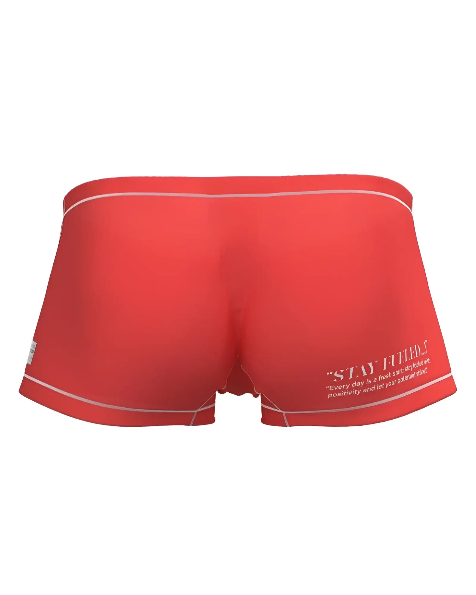 Red swim trunks with white trim and a motivational quote on the side from Private Structure EPUS4570 Prime Elysian hipster