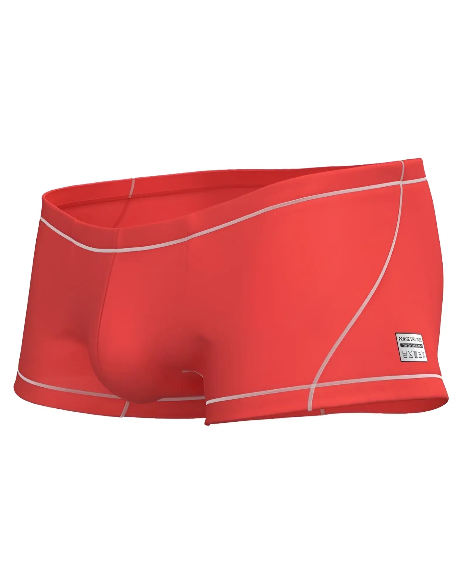 Red swim trunks by Private Structure with white stitching and a small brand label on the side for casual wear