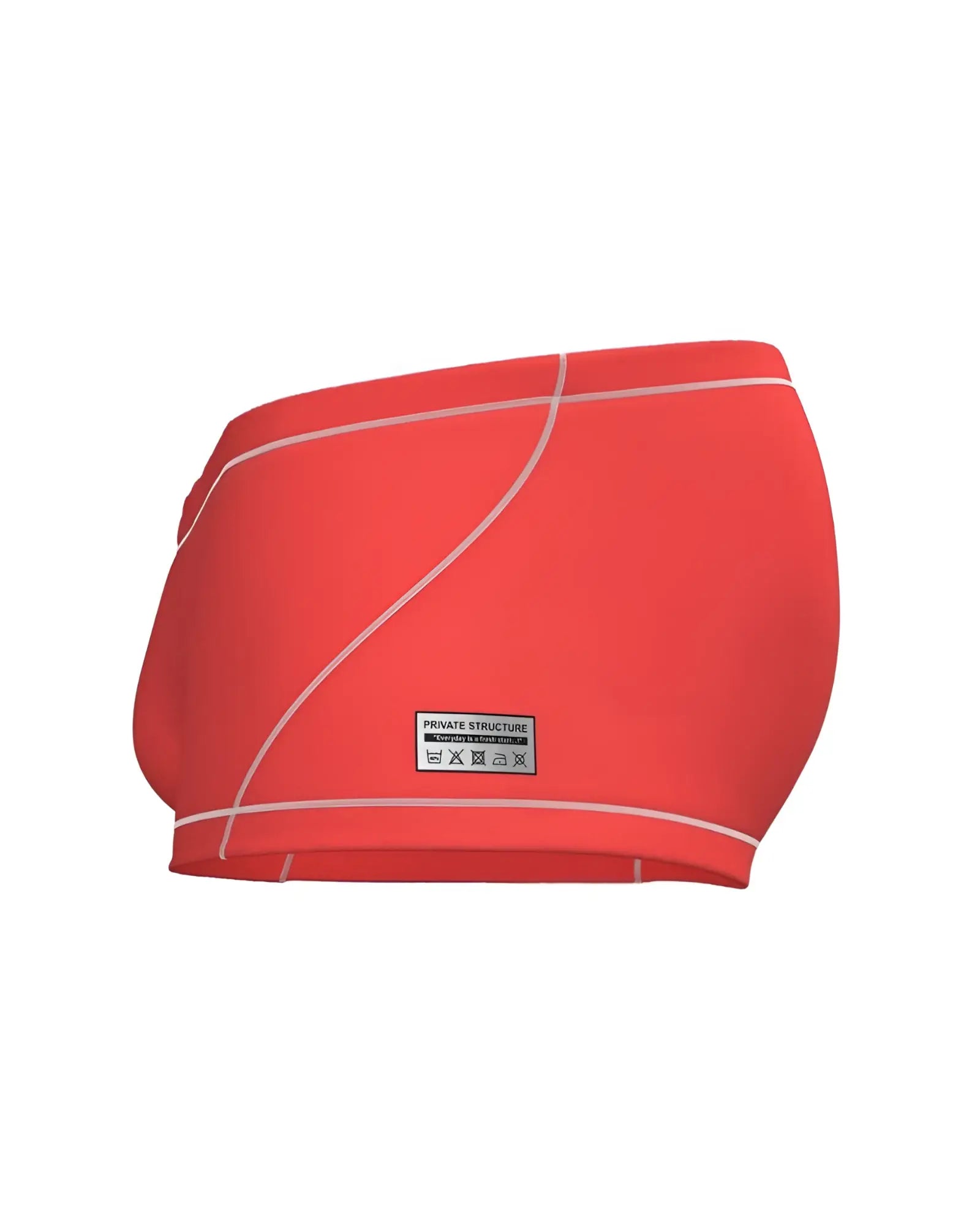 Vibrant coral-red private structure epus4570 prime elysian hipster swim trunks with white stitching and brand label