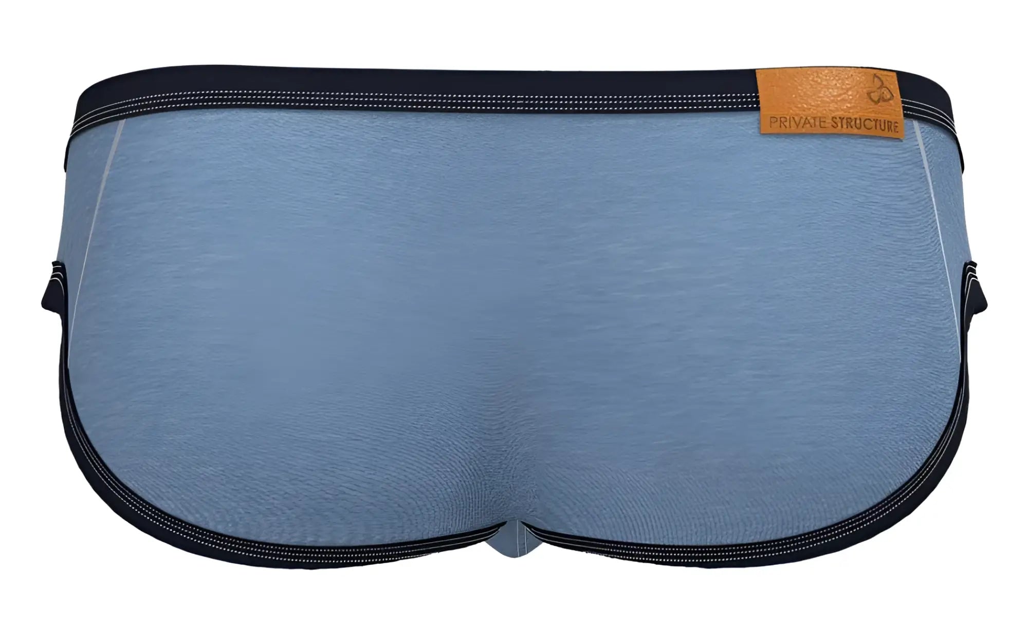Blue heathered cotton low rise mini briefs with black elastic trim and tan leather brand tag by private structure