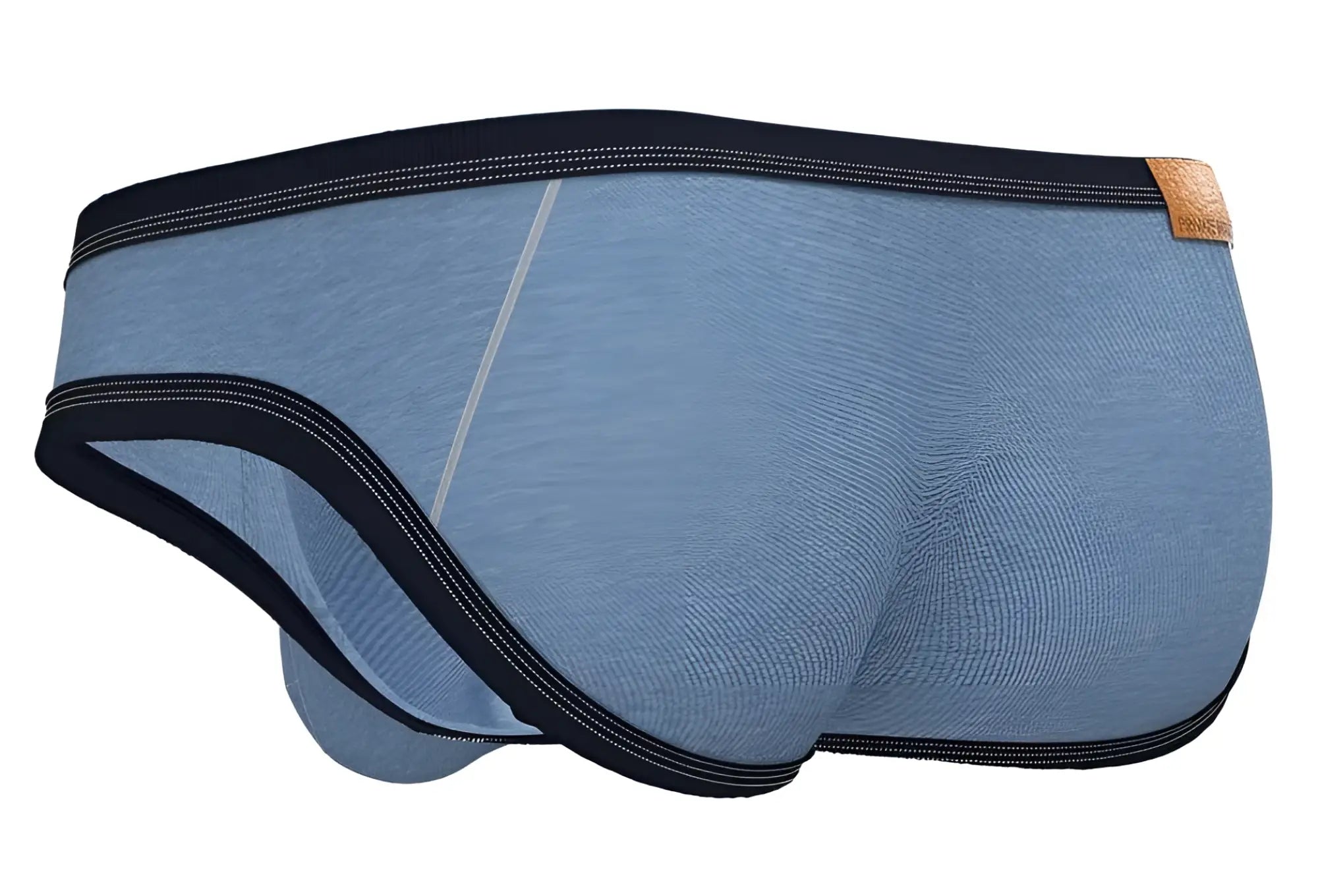 Private structure lcut4358 barn boy low rise mini briefs in denim blue heather with black trim and tan leather tag