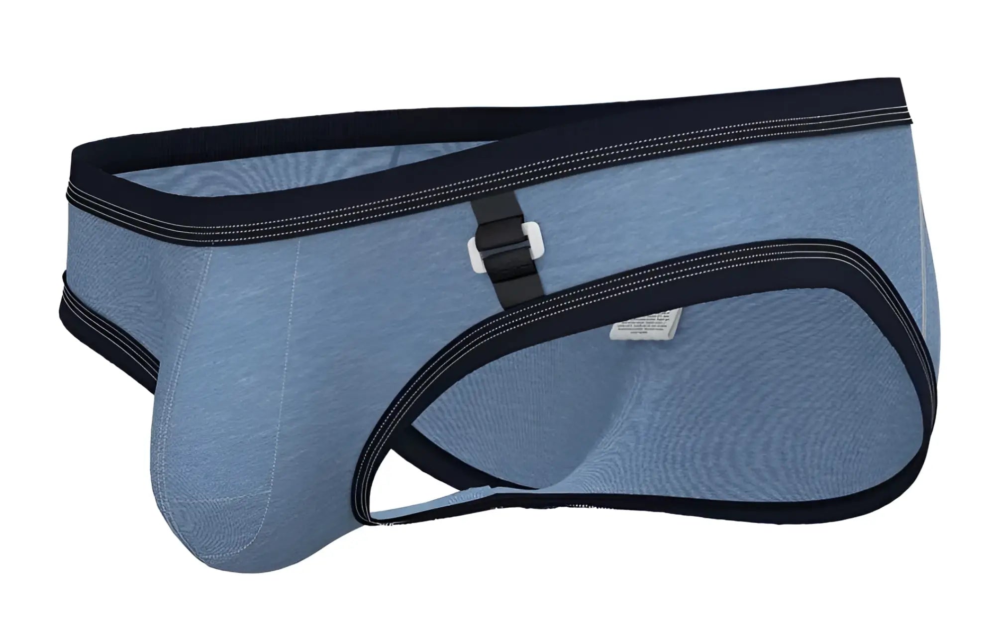 Blue denim-style briefs with black trim and white plastic buckle from private structure barn boy low rise mini brief