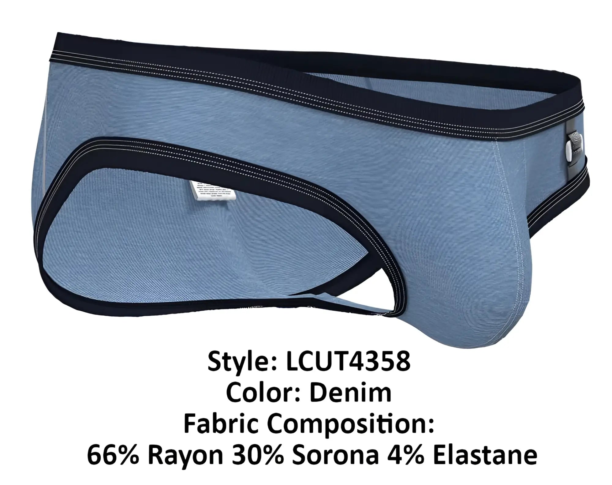 Denim-colored men’s low rise mini briefs by private structure with black trim and silver-toned buckle on the side