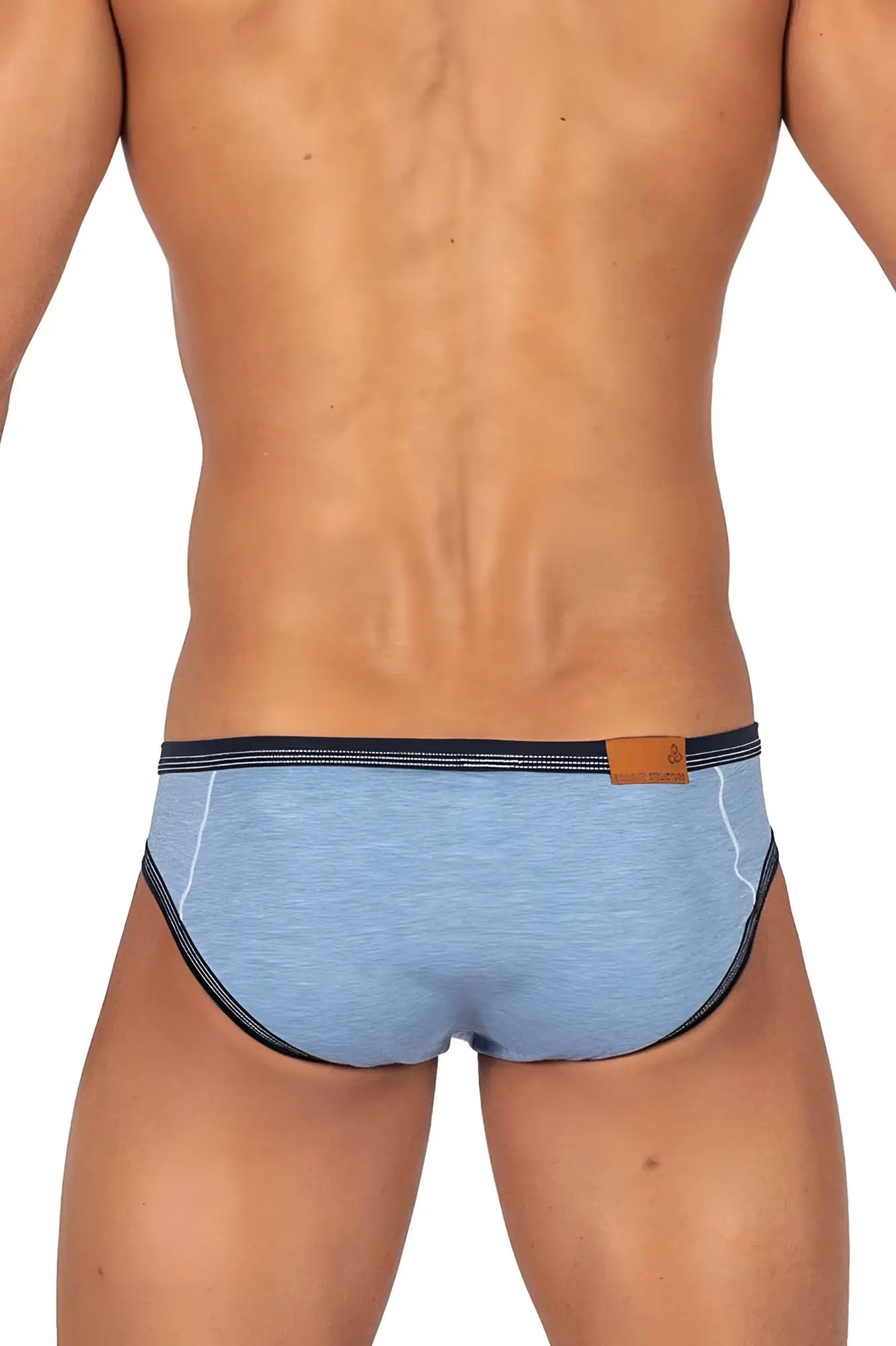 Private structure lcut4358 barn boy low rise mini brief in light blue heathered fabric with black trim and brown leather tag