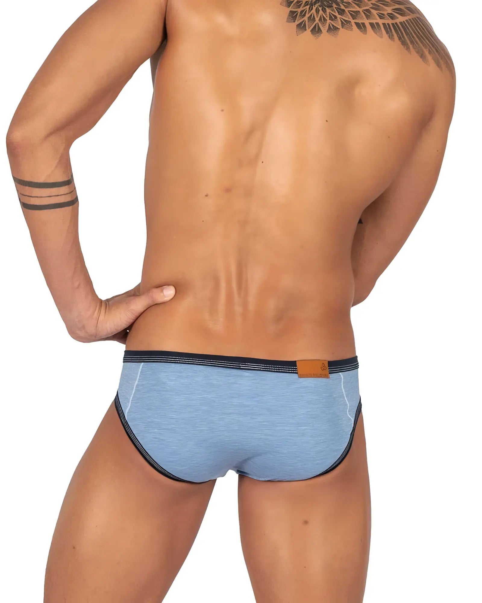 Private structure LCUT4358 barn boy low rise mini briefs in light blue heathered fabric with black trim and brown leather tag