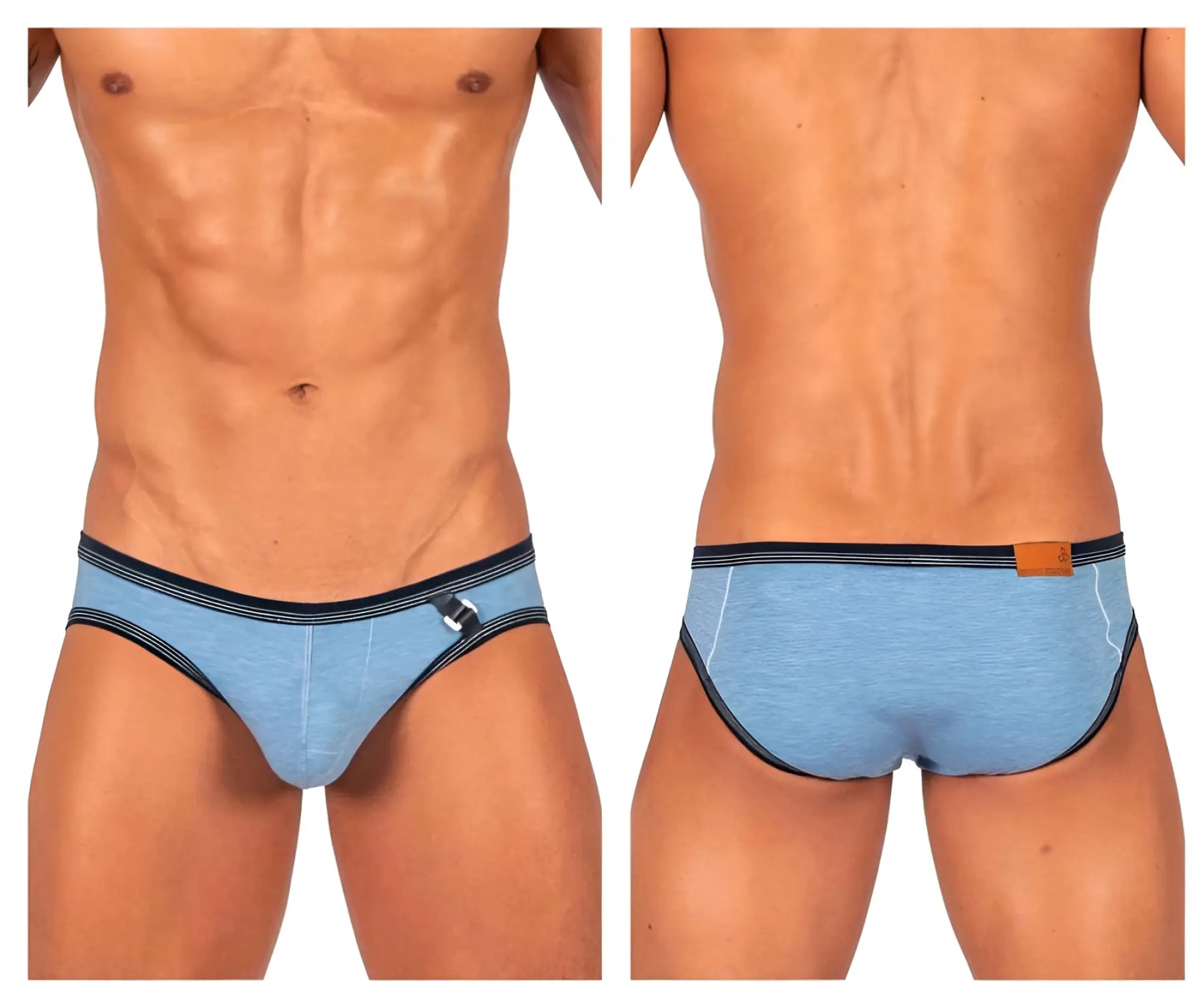 Private structure lcut4358 barn boy low rise mini briefs in denim textured light blue with black trim and metallic buckle