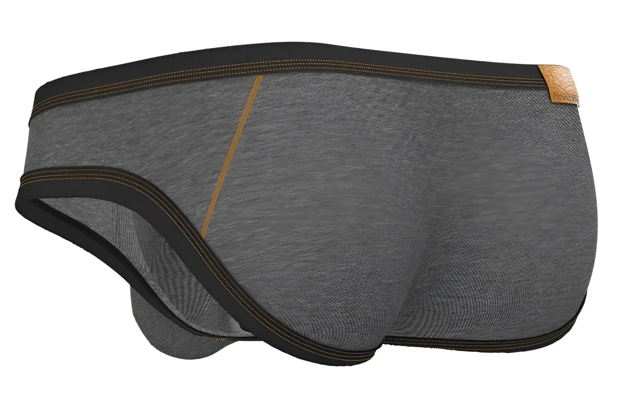 Private Structure barn boy low rise mini briefs in stone gray gray heathered with black trim and tan stitching with leather tag