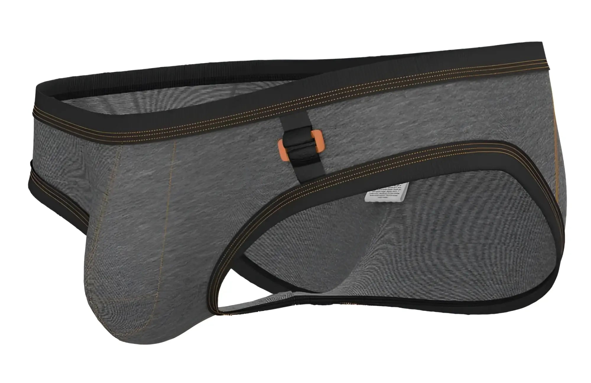 Private Structure LCUT4358 barn boy low rise mini briefs in stone gray textured fabric with black trim and orange buckle