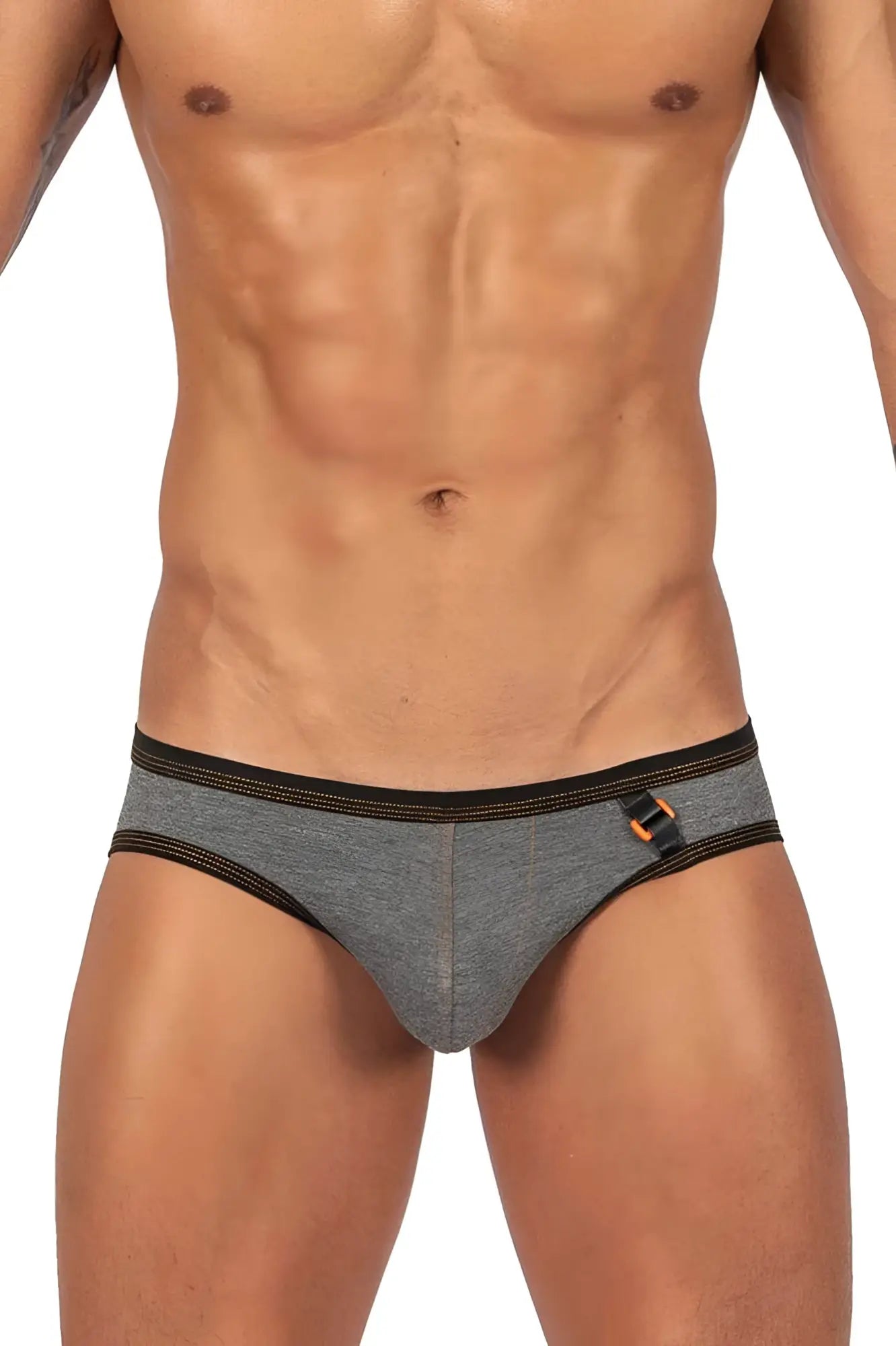 Private structure lcut4358 barn boy low rise mini briefs in stone gray heathered fabric with black trim and orange buckle detail