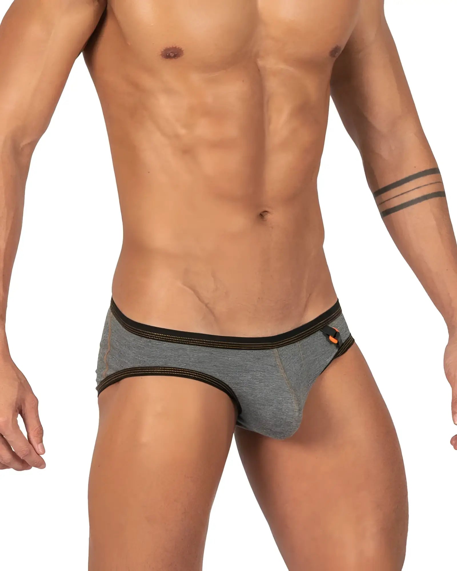 Gray heathered stone gray barn boy low rise mini briefs with black trim and orange logo by private structure