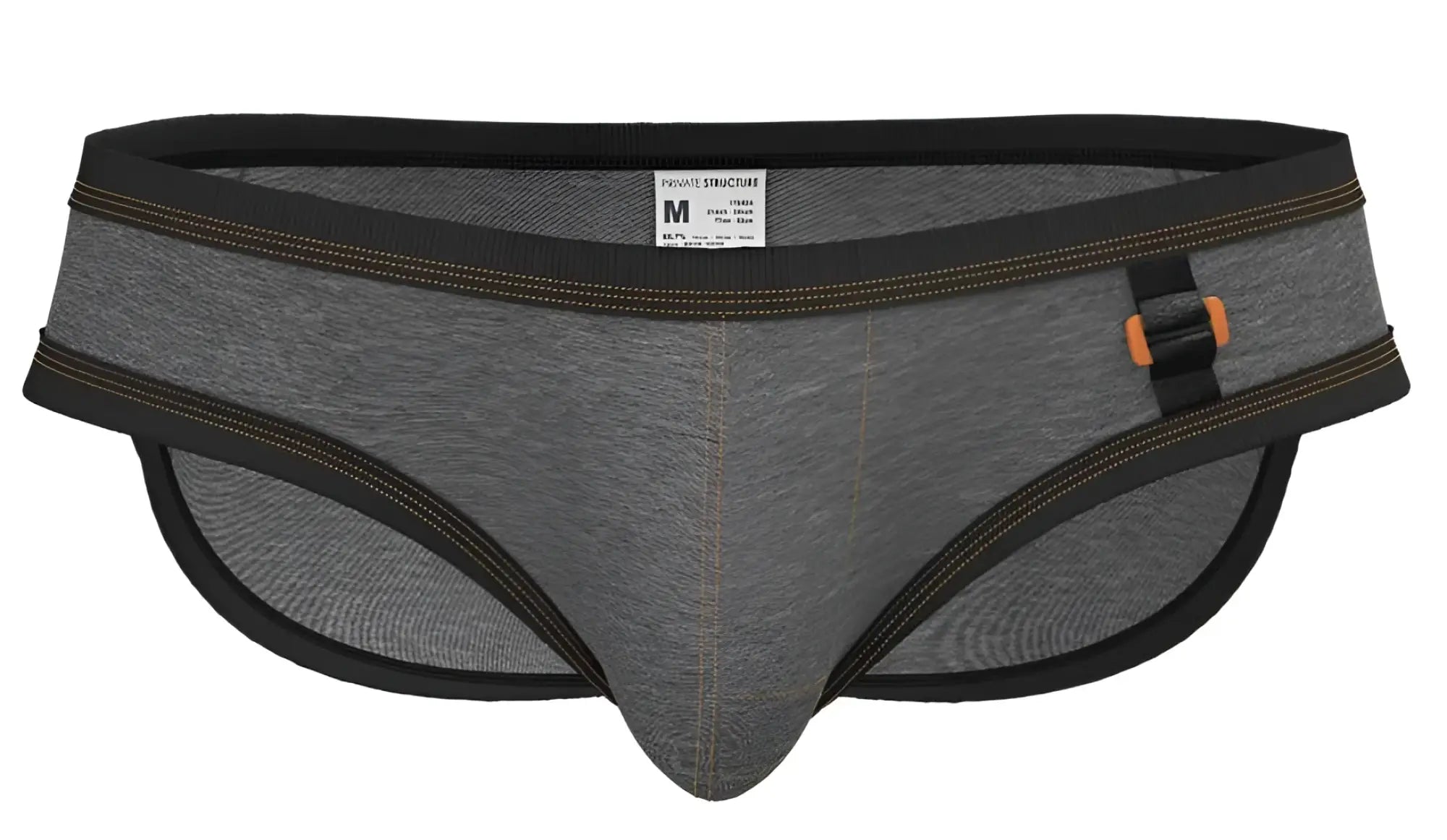 Gray heathered private structure barn boy low rise mini briefs with black trim and orange accented belt buckle