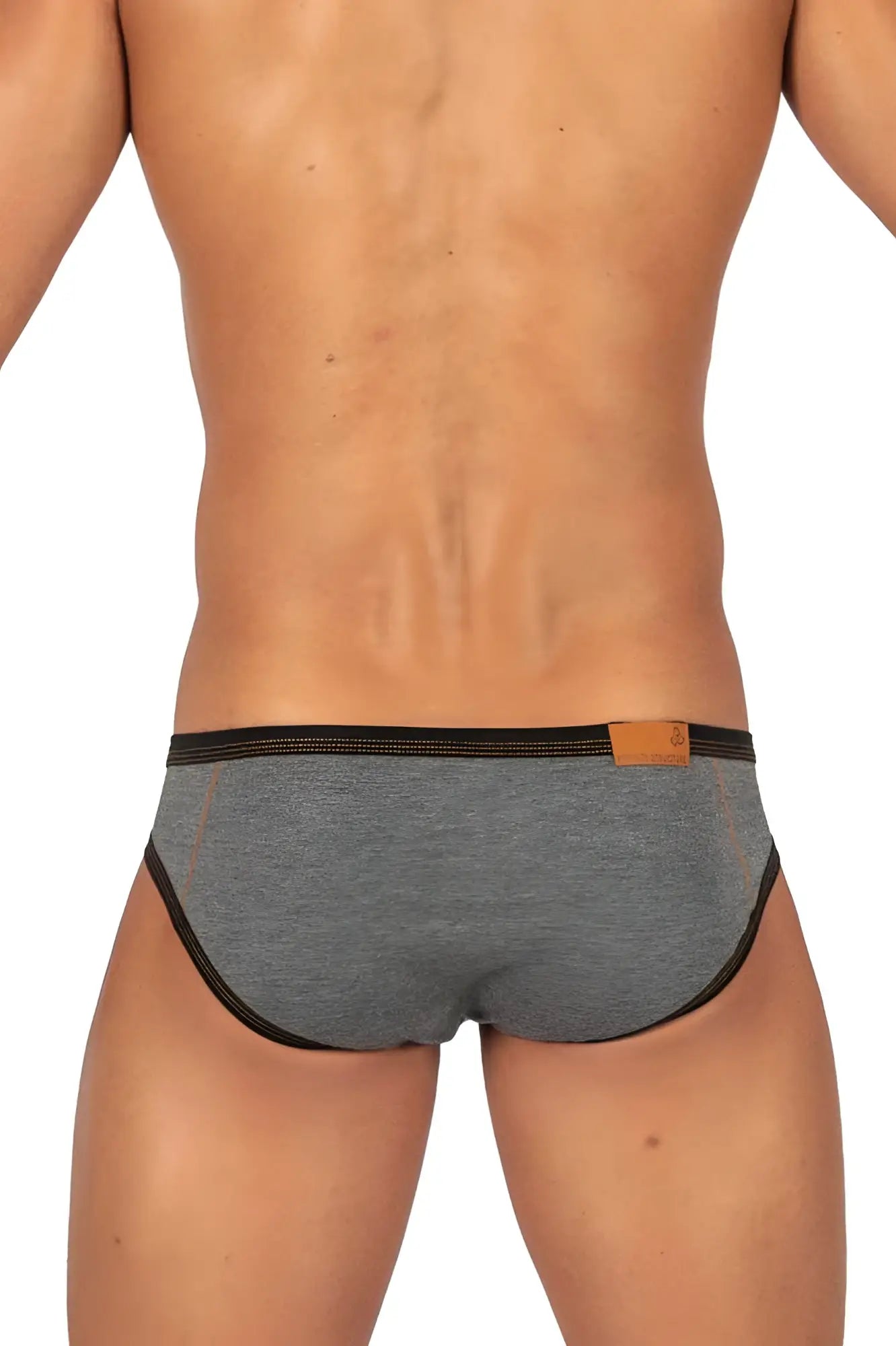 Private structure lcut4358 barn boy low rise mini briefs in stone gray heather with black trim and tan leather waistband patch