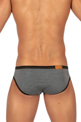 Private structure lcut4358 barn boy low rise mini briefs in stone gray heather with black trim and tan leather waistband patch