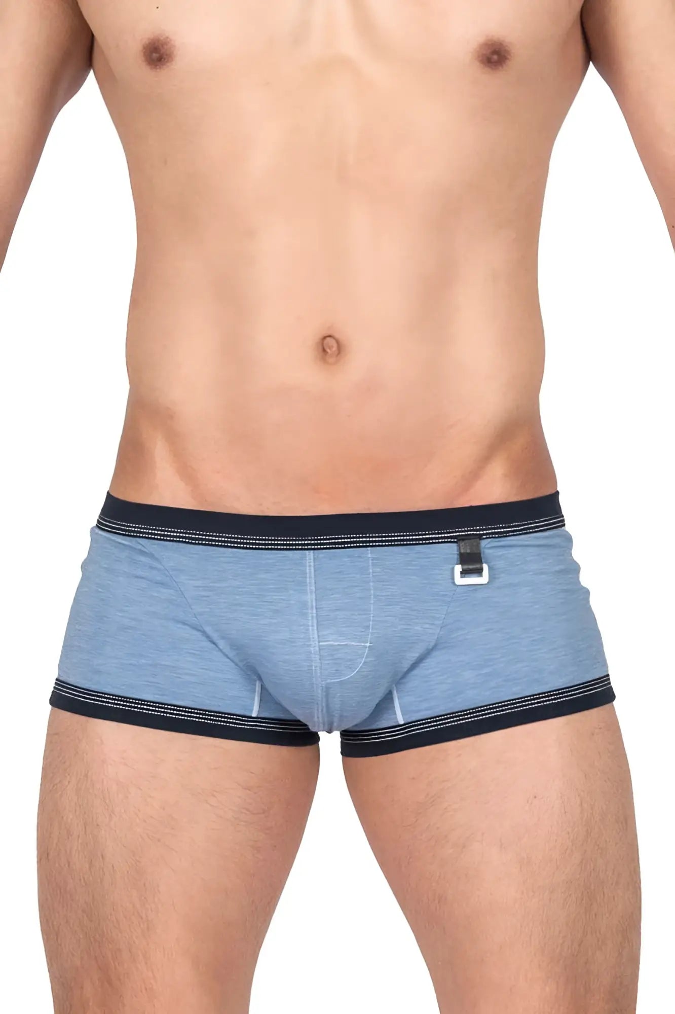 Blue heathered private structure barn boy low rise trunk briefs with navy trim and white plastic buckle in denim color