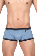 Blue heathered private structure barn boy low rise trunk briefs with navy trim and white plastic buckle in denim color