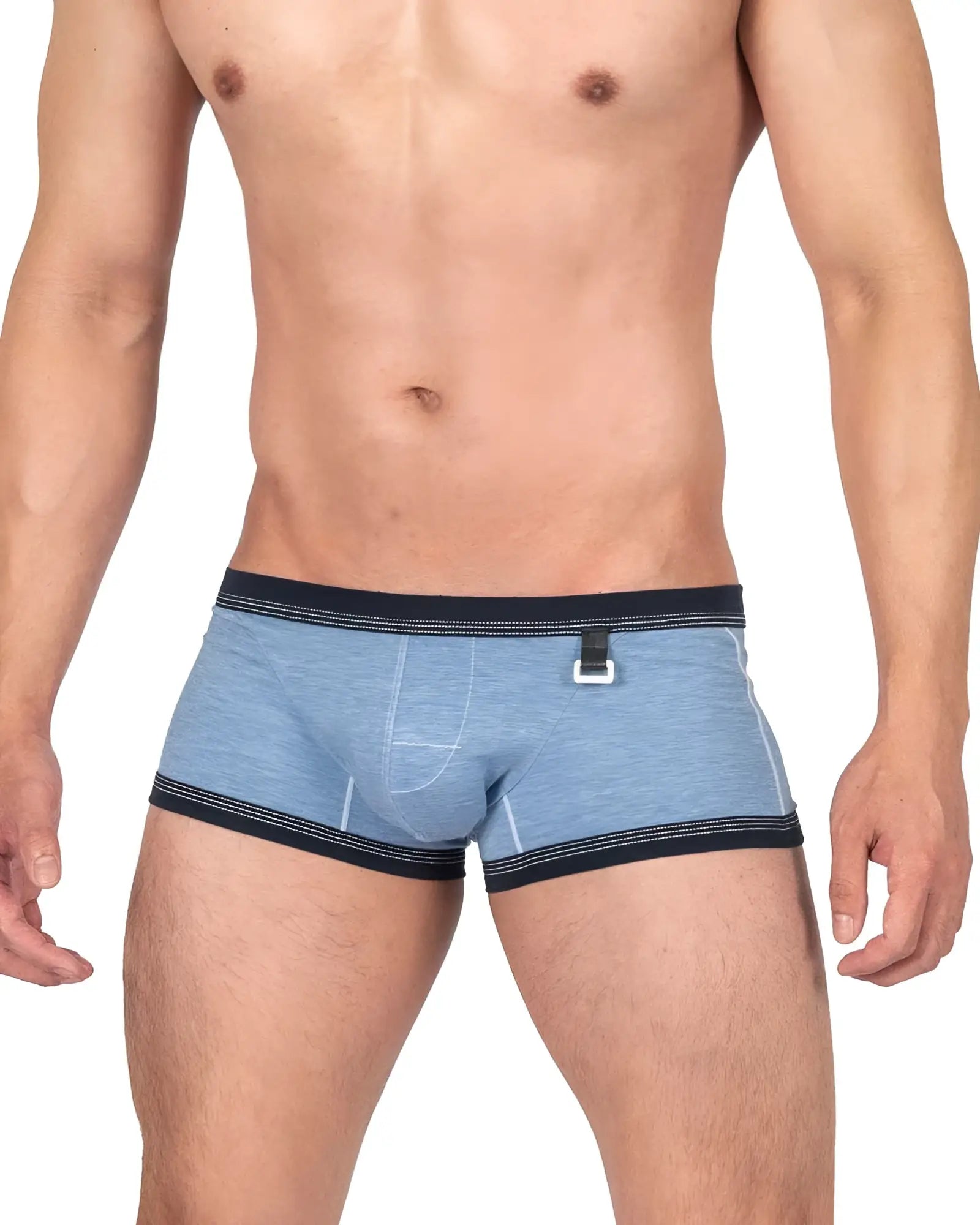 Blue heathered men’s briefs with black trim and white buckle detail from Private Structure barn boy low rise trunk denim color