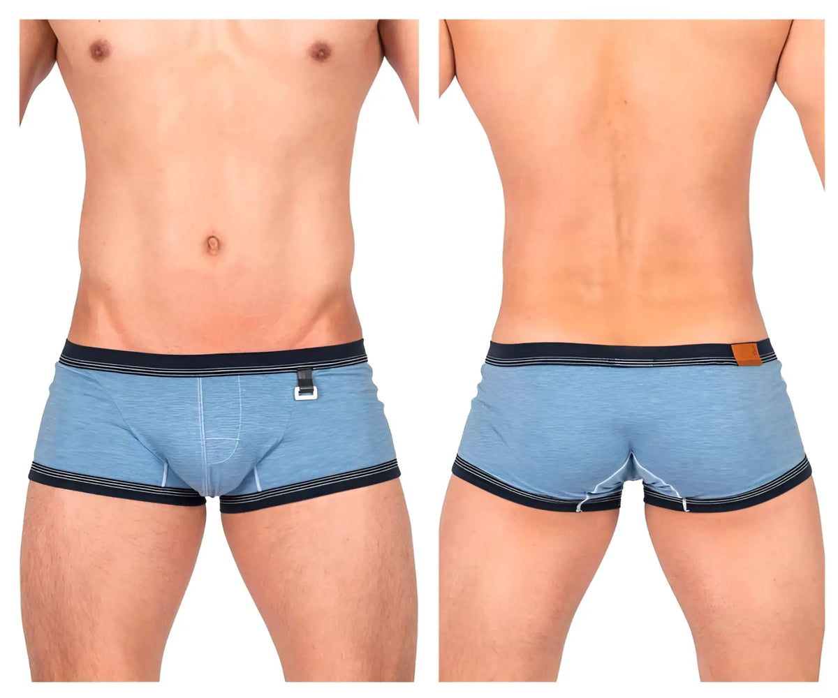 Light blue heathered Private Structure LCUT4359 barn boy low rise trunk with navy trim and brown leather waistband patch
