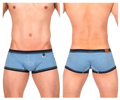 Light blue heathered Private Structure LCUT4359 barn boy low rise trunk with navy trim and brown leather waistband patch