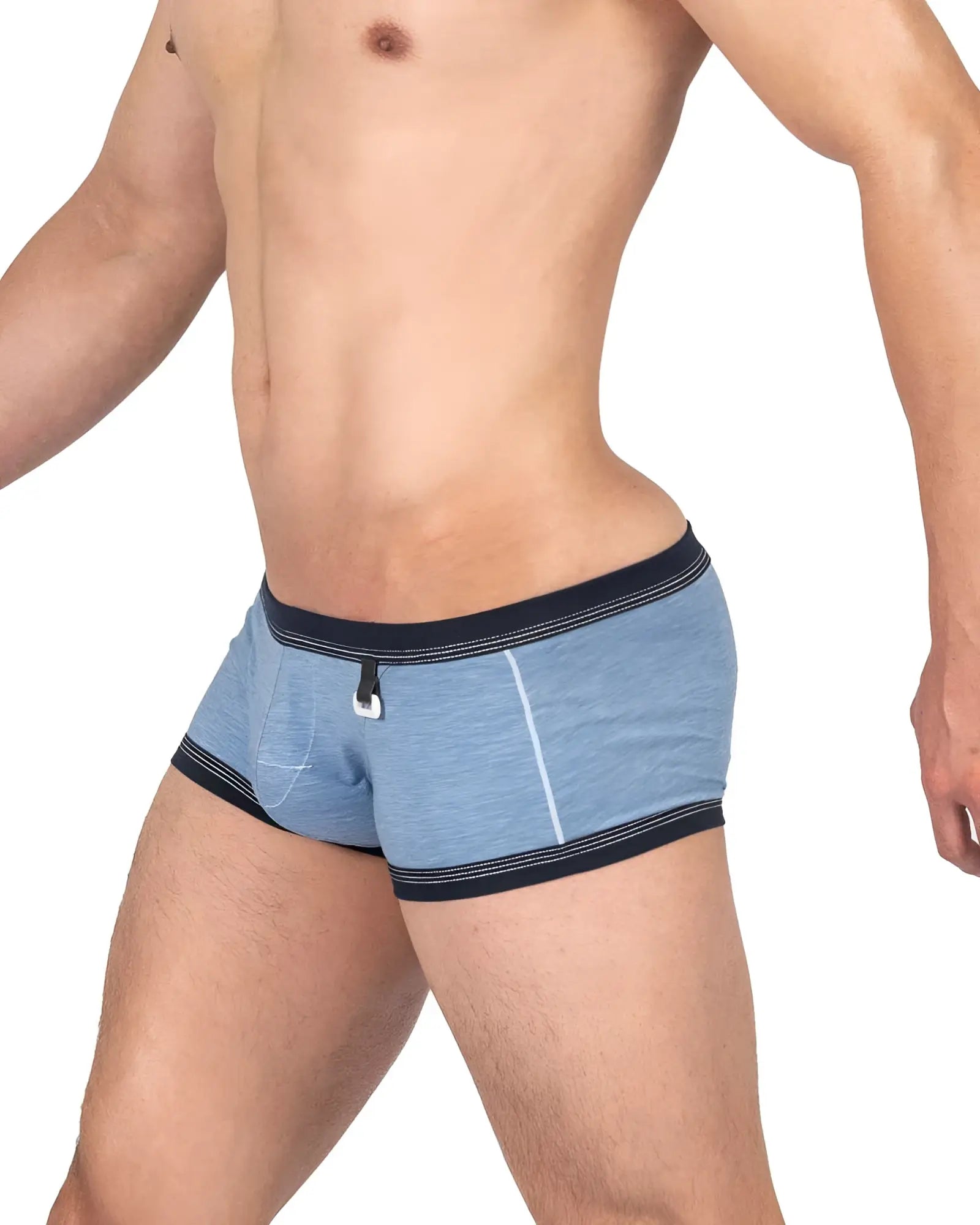 Private structure lcut4359 barn boy low rise trunk in light blue heathered fabric with navy trim and white zipper pull