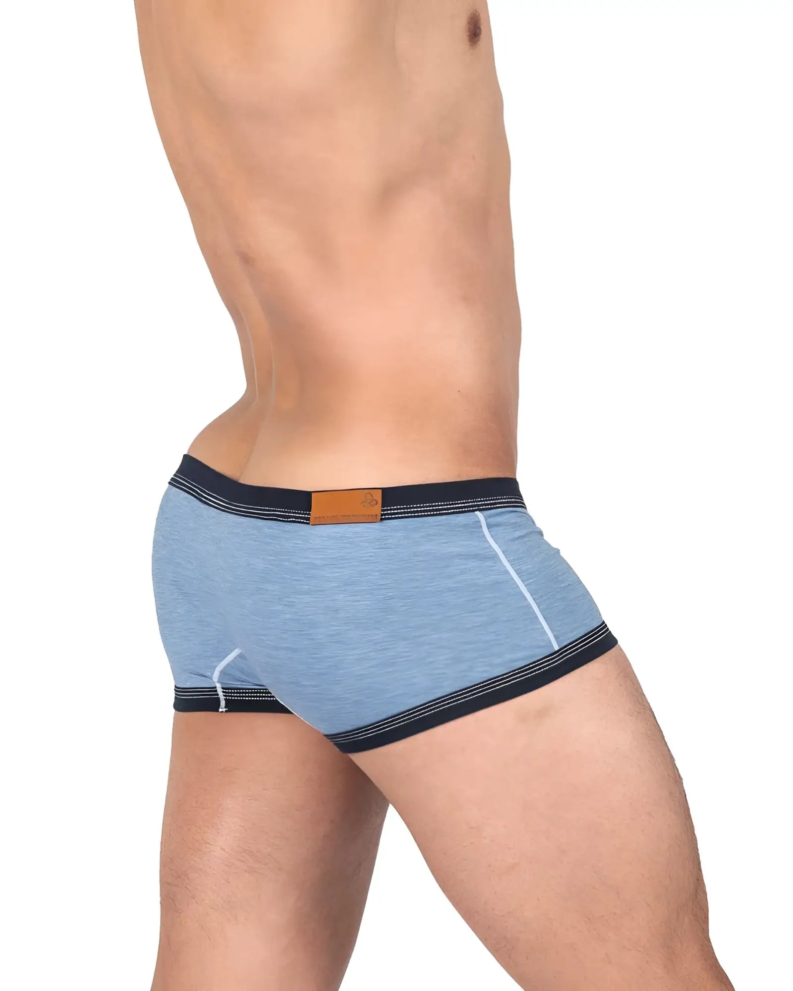 Private Structure LCUT4359 Barn Boy low rise trunk with light blue heathered fabric navy trim white stitching and brown leather patch