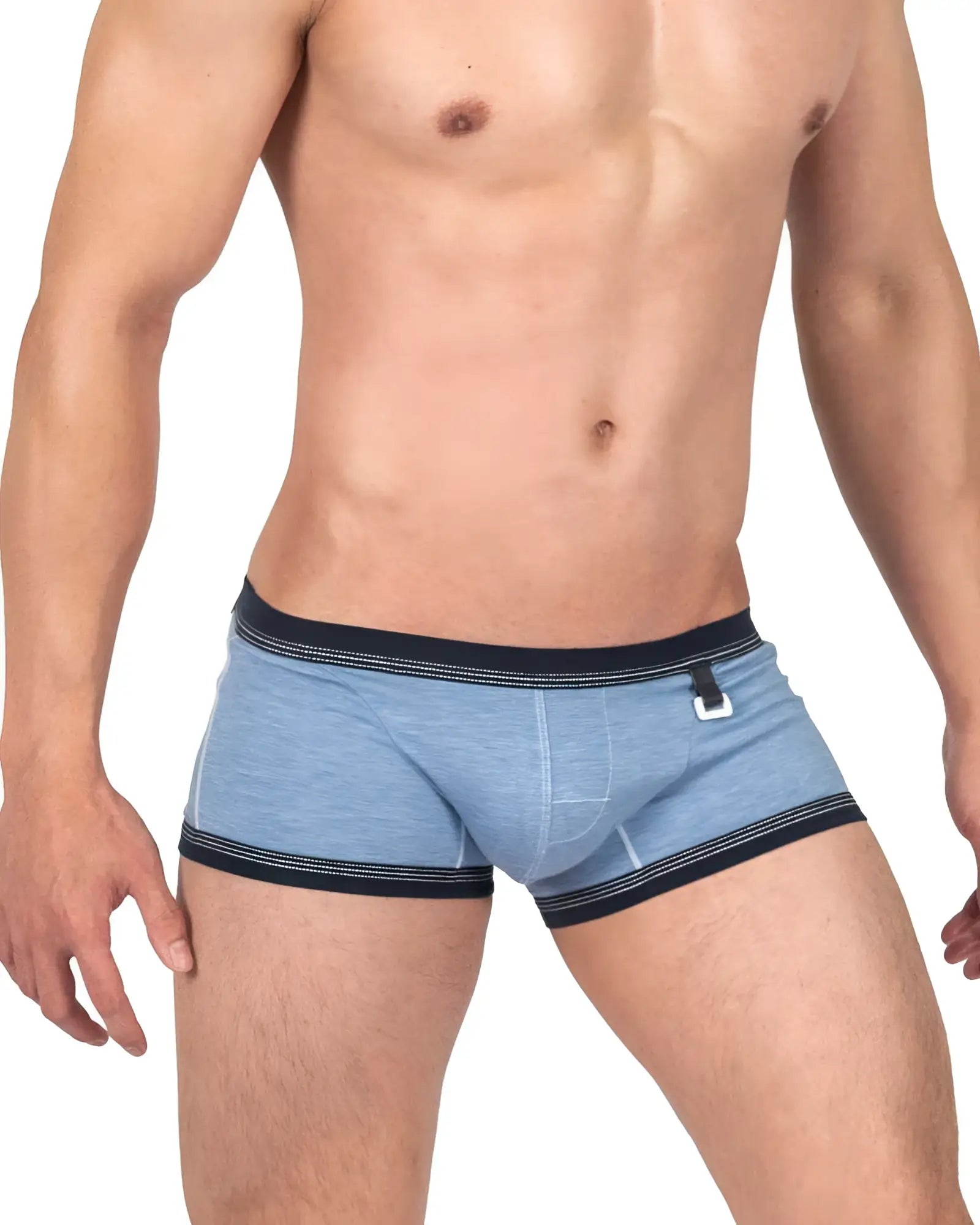 Private structure lcut4359 barn boy low rise trunk in denim light blue heathered fabric with black trim and silver buckle detail