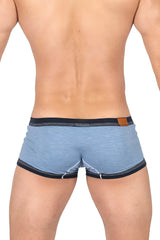 Light blue heathered cotton private structure lcut4359 barn boy low rise trunk with navy trim and brown leather patch