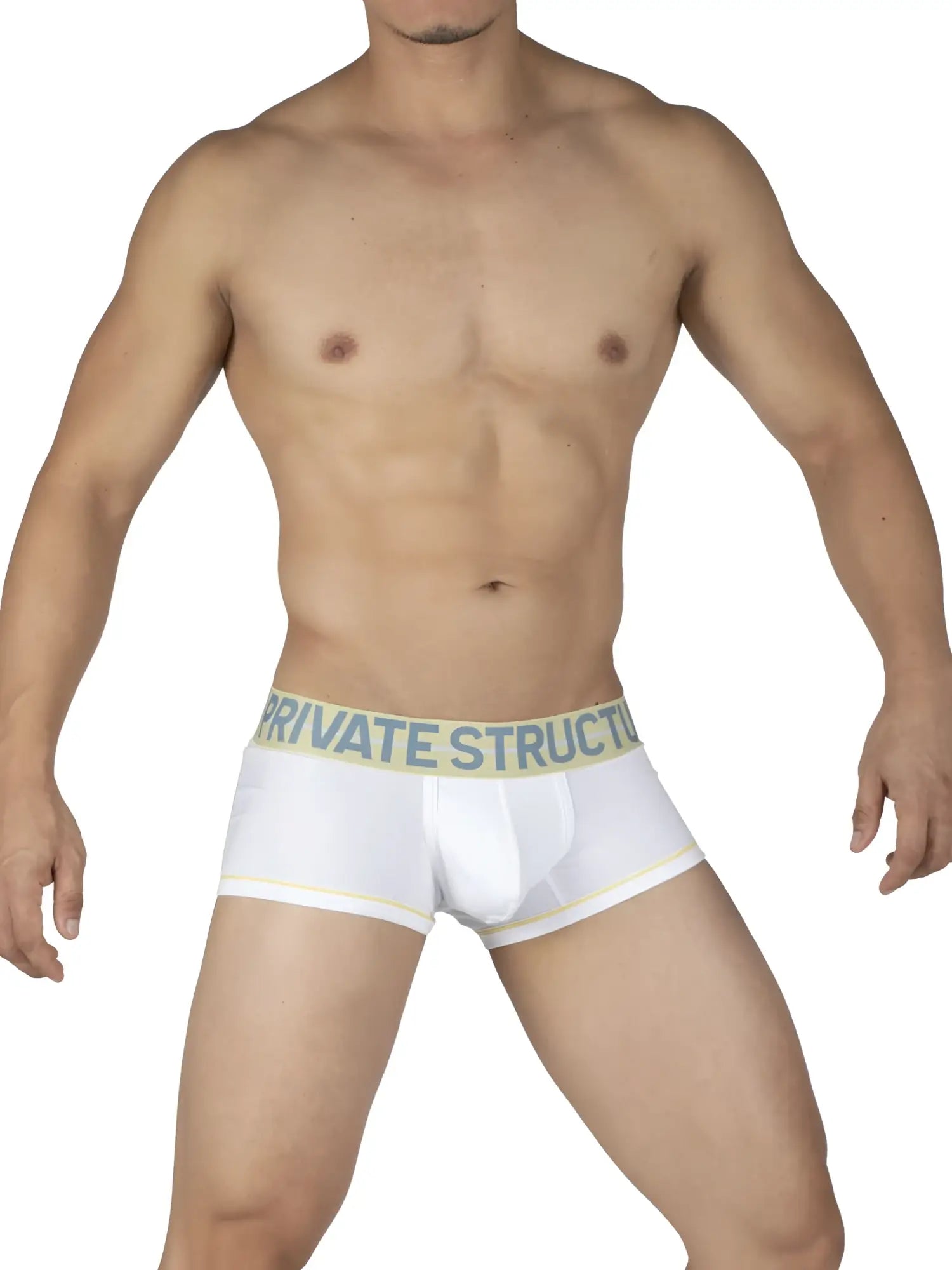 White boxer briefs with light green elastic waistband and private structure branding in dark blue text