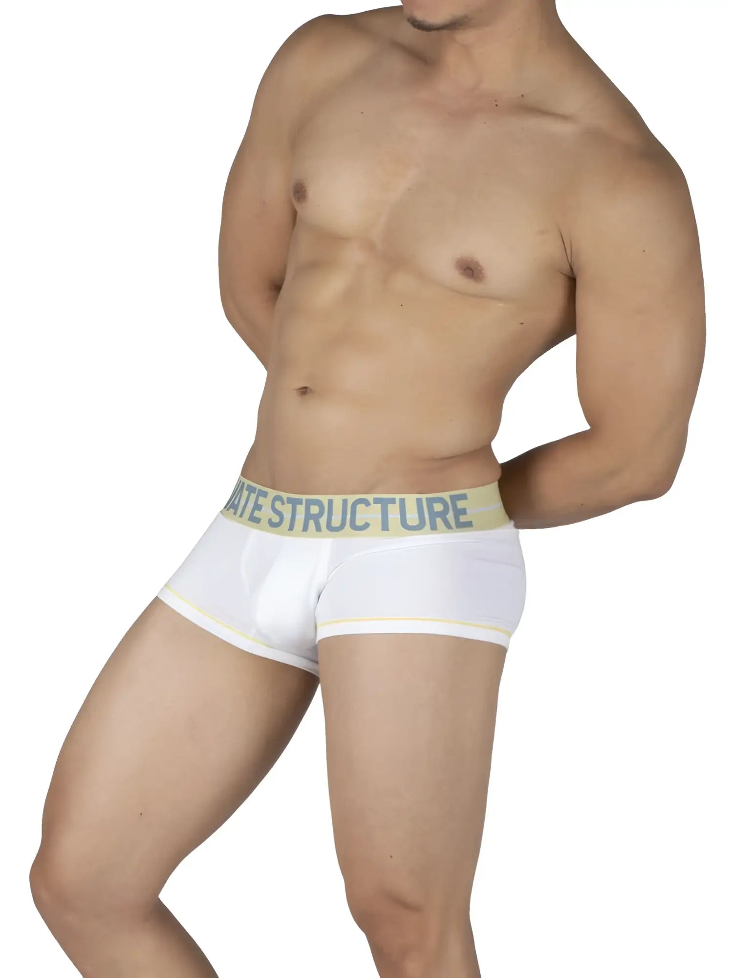 White briefs by private structure with light yellow waistband and dark blue ate structure lettering mo lite contour brief