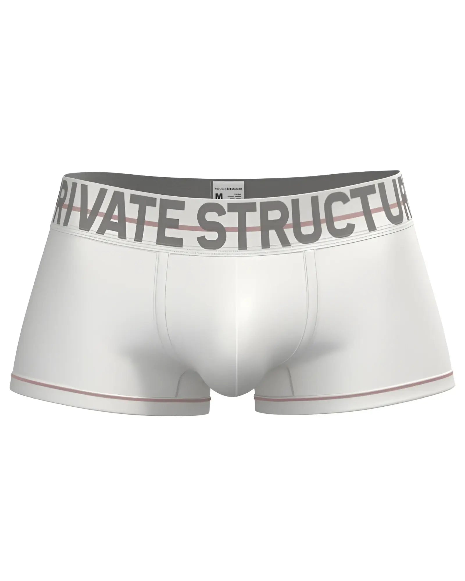 White private structure mo lite contour briefs with gray waistband logo and red trim along the legs