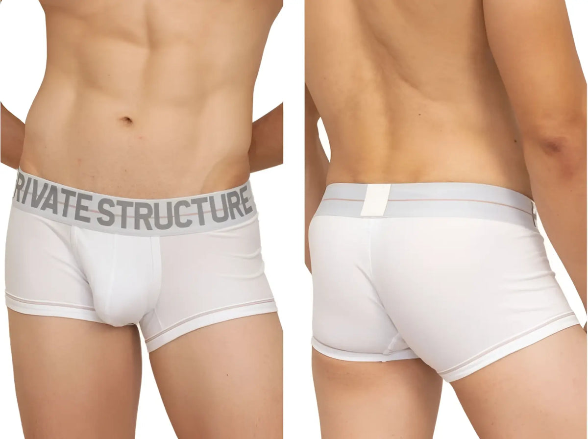 White private structure mo lite contour brief with gray elastic waistband and bold logo for comfortable support