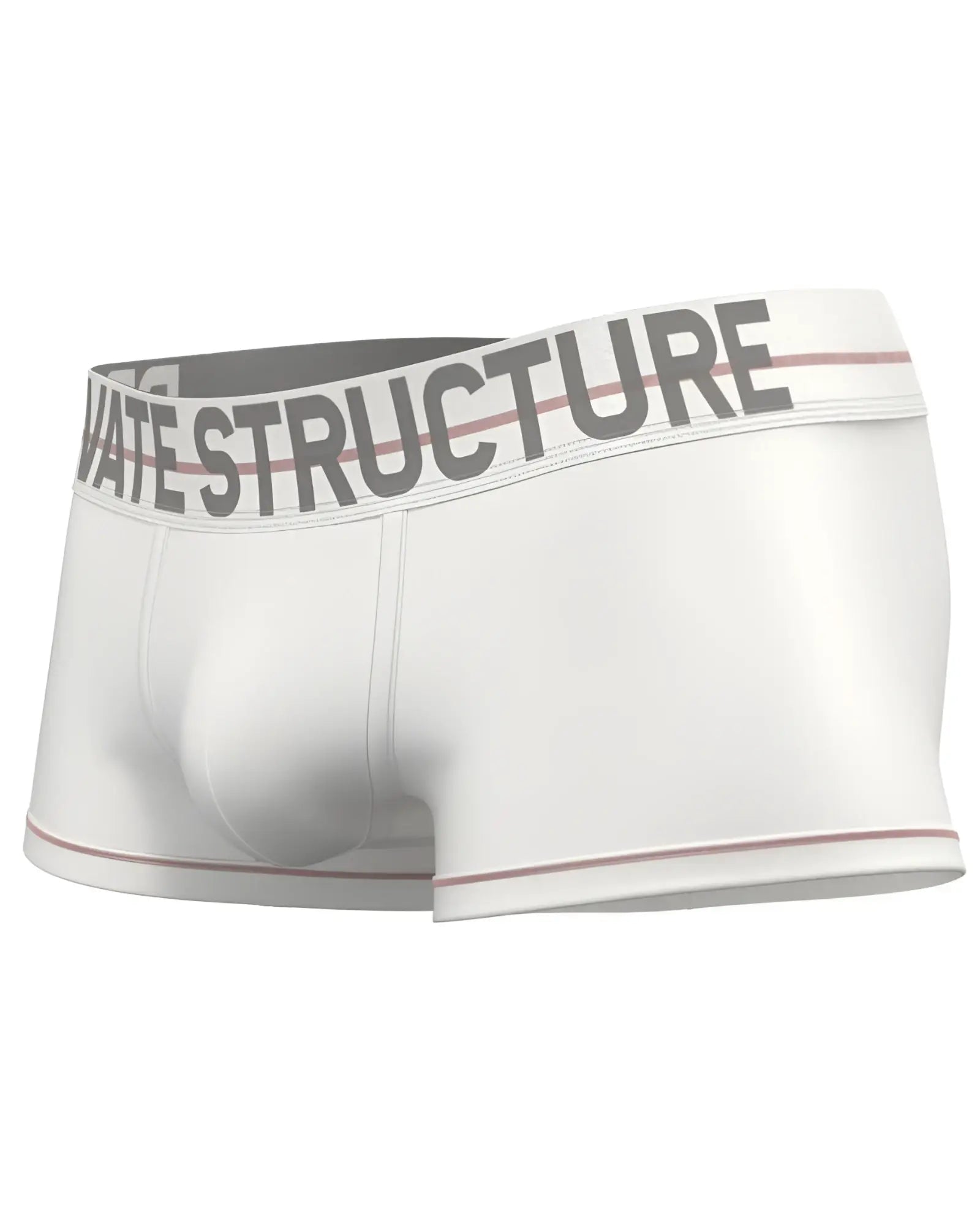 White men’s briefs with gray elastic waistband reading private structure and subtle pink trim edges mo lite contour brief