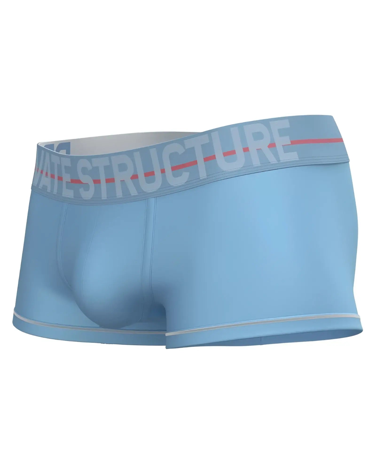 Light blue private structure mo lite mid waist men’s boxer briefs with gray waistband and red stripe