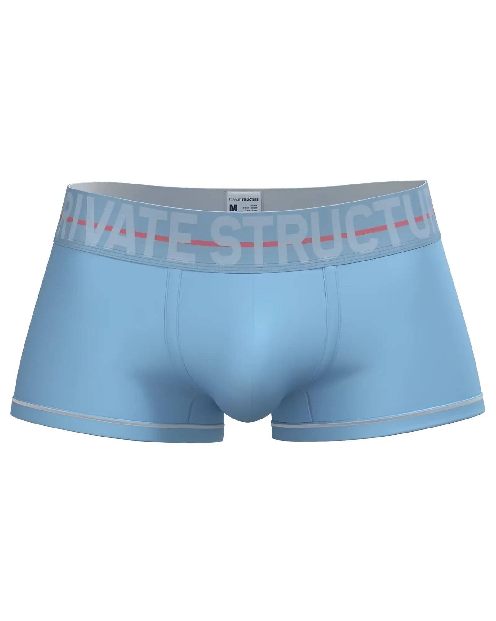 Light blue men’s briefs with gray waistband featuring private structure logo and thin red stripe in mid waist trunk style