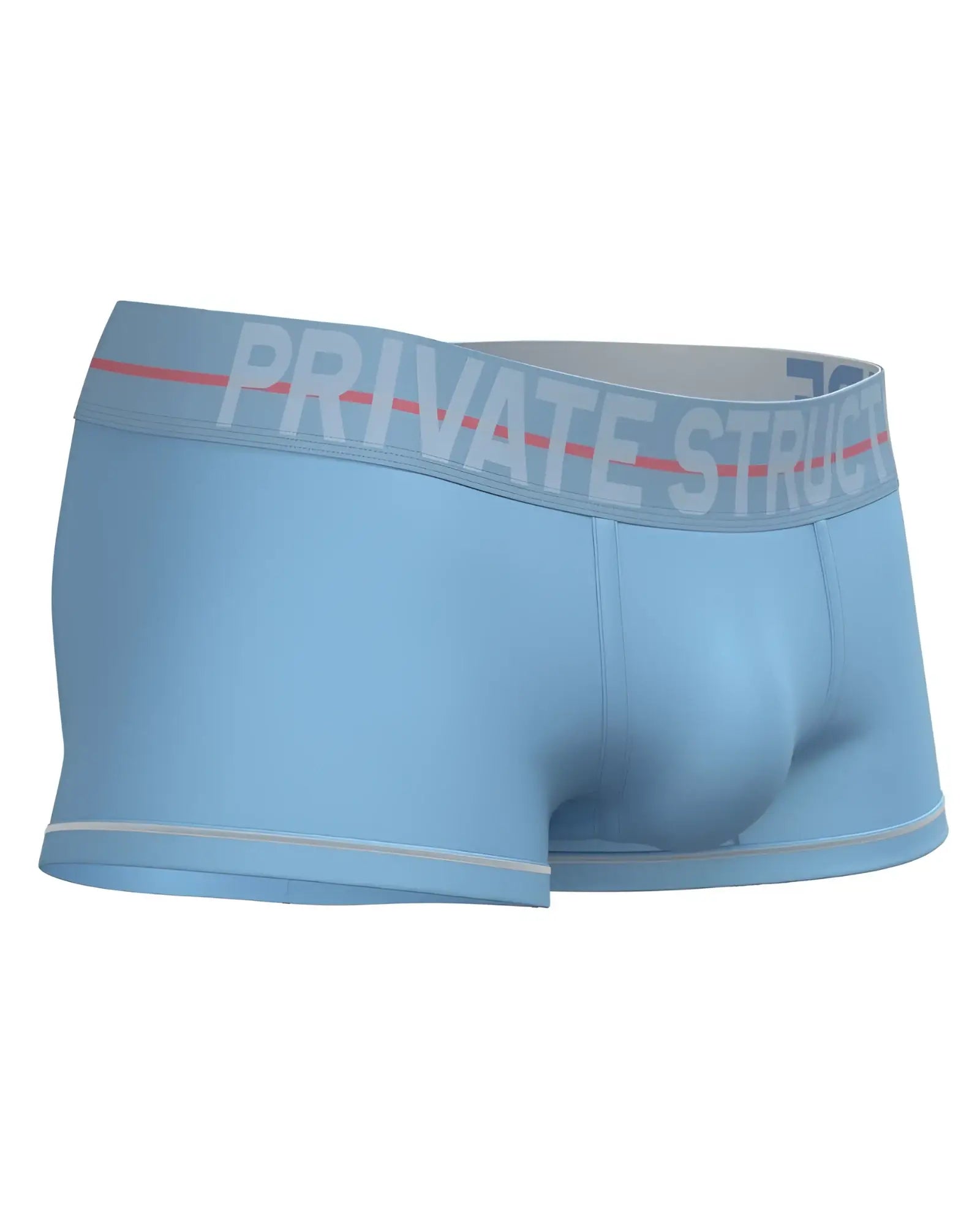 Light blue private structure moux4103 mo lite mid waist trunk with gray waistband and white logo in white lettering