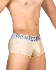Beige private structure moux4103 mo lite mid waist trunk briefs with light gray waistband and black private stock logo