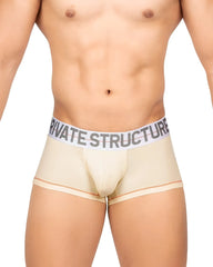 Beige men’s briefs with a white elastic waistband featuring private structure logo in gray from the mo lite mid waist trunk series